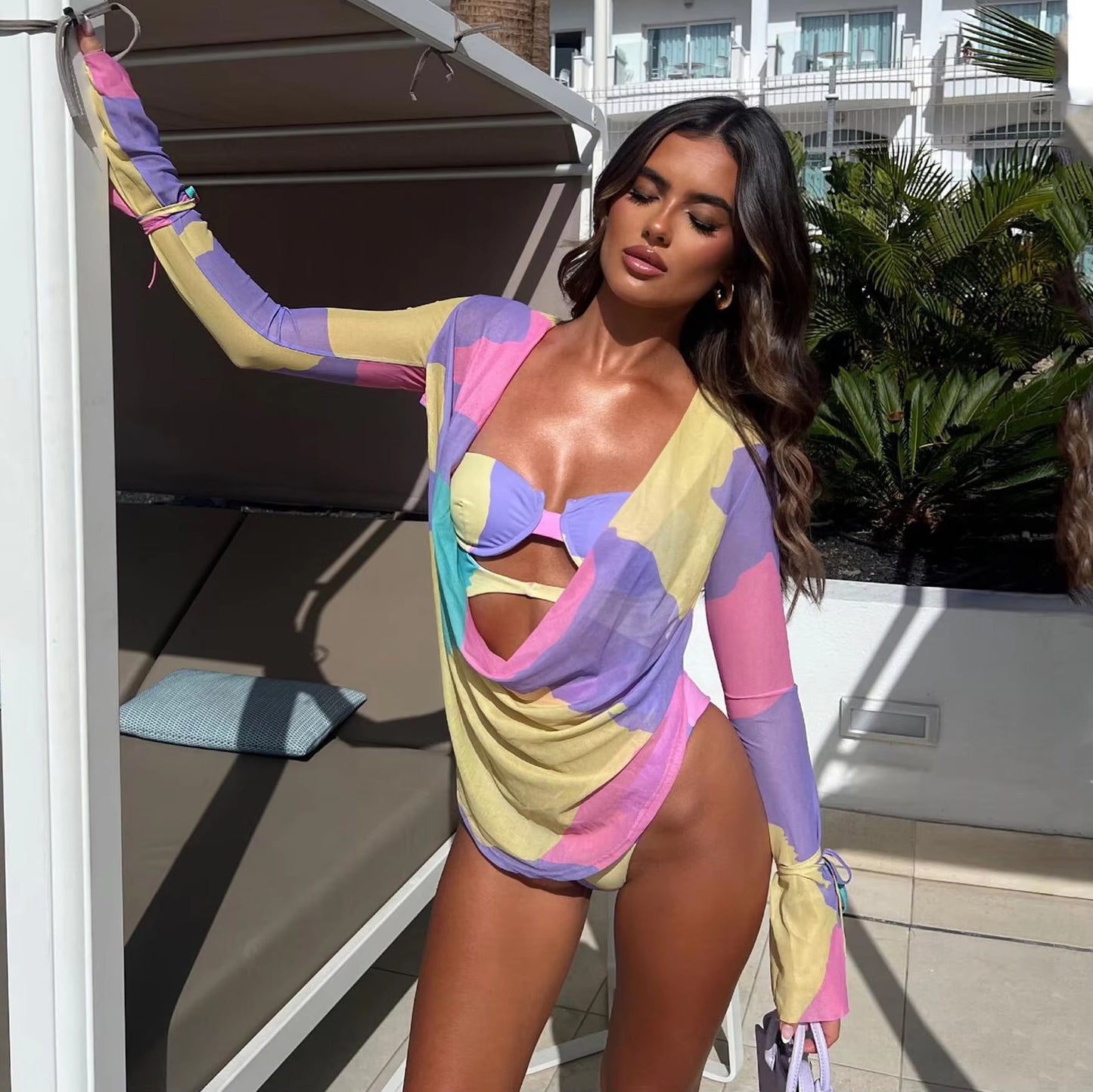LADIES LONG SLEEVE MESH ONE PIECE SWIMSUIT SWIMWEAR BEACHWEAR COVER UP BLACK / VIOLET-MULTI / LIGHT TURQUOISE GREEN / BLACK & WHITE / LIGHT PURPLE (SIZE S - L)
