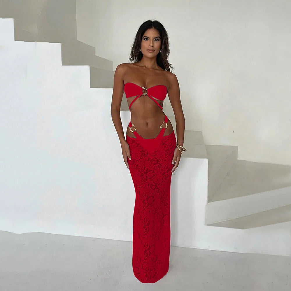 LADIES STRAPLESS BIKINI SWIMWEAR BEACHWEAR & SKIRT SET PINK / BLACK / WHITE / RED / DARK BROWN (SIZE S - L)