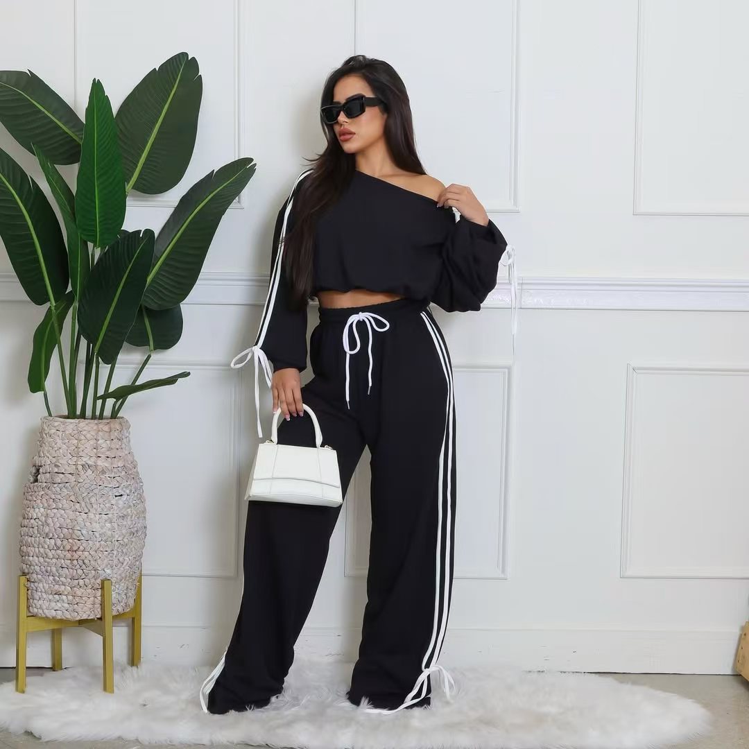 LADIES TWO PIECE OFF THE SHOULDER TOP & PANTS SET BLACK / WHITE (SIZE S - 2XL)