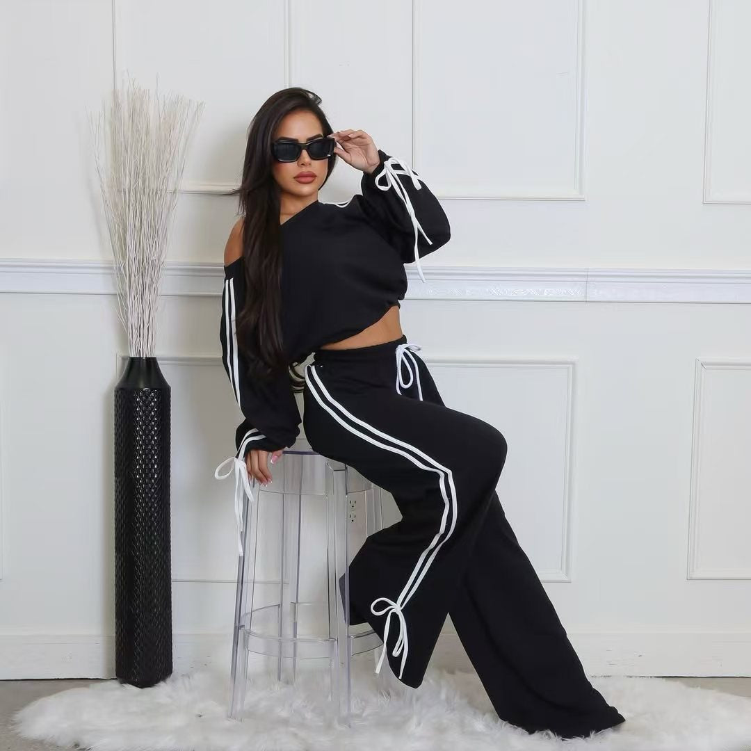 LADIES TWO PIECE OFF THE SHOULDER TOP & PANTS SET BLACK / WHITE (SIZE S - 2XL)