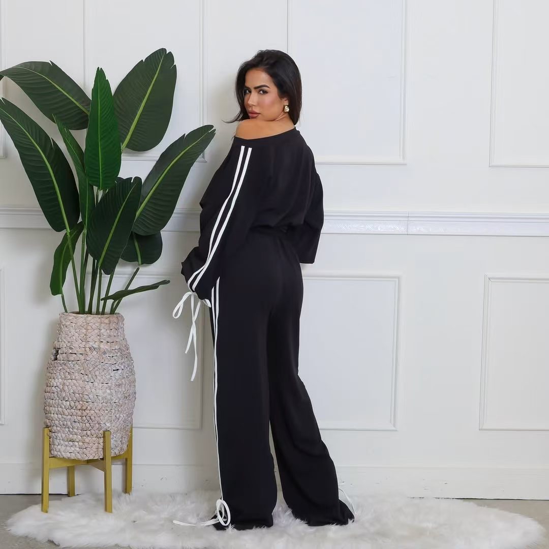 LADIES TWO PIECE OFF THE SHOULDER TOP & PANTS SET BLACK / WHITE (SIZE S - 2XL)