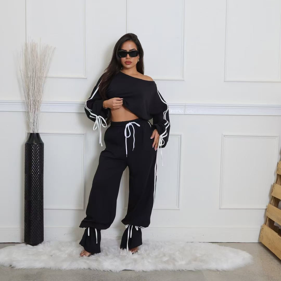 LADIES TWO PIECE OFF THE SHOULDER TOP & PANTS SET BLACK / WHITE (SIZE S - 2XL)