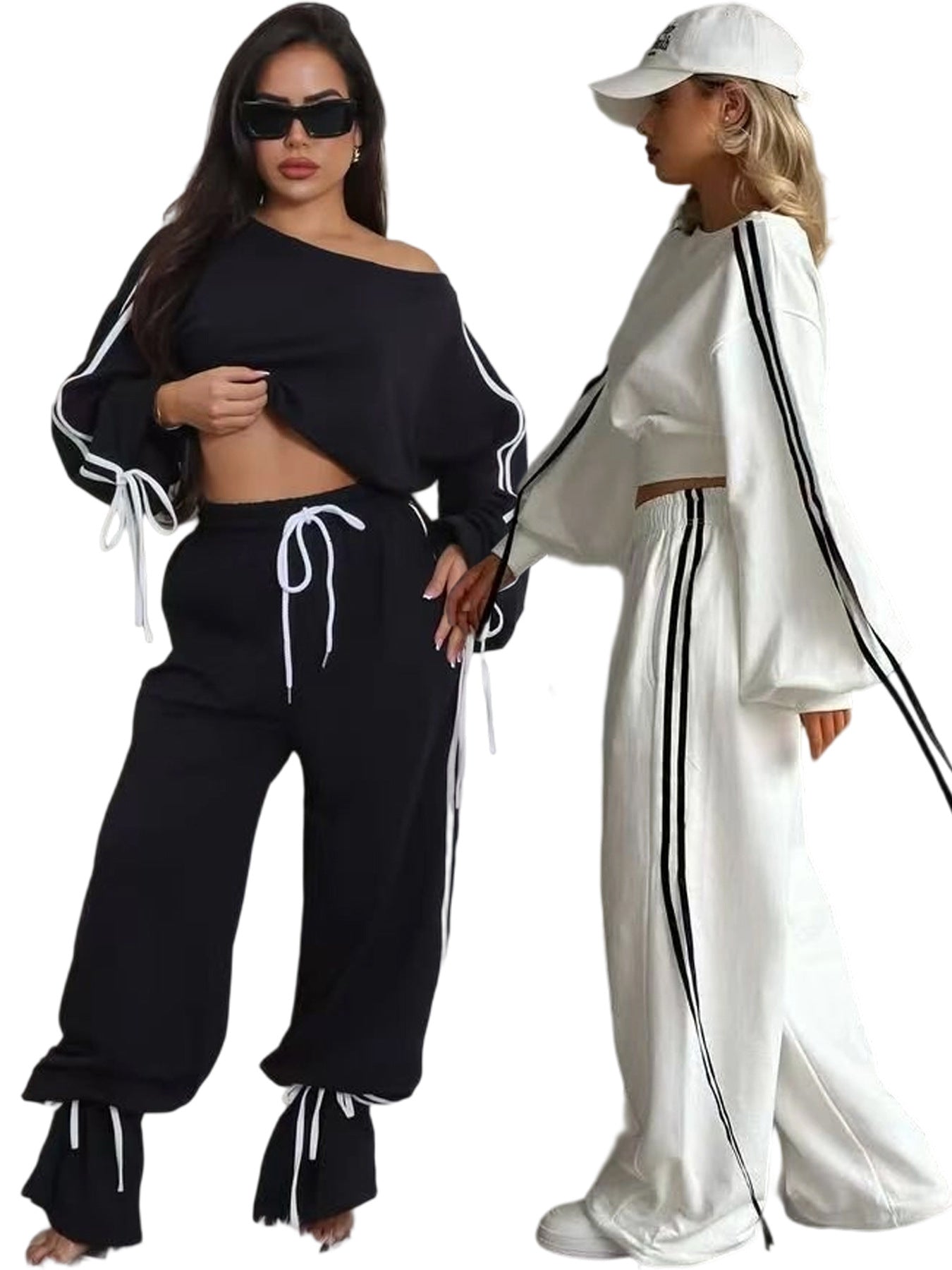 LADIES TWO PIECE OFF THE SHOULDER TOP & PANTS SET BLACK / WHITE (SIZE S - 2XL)