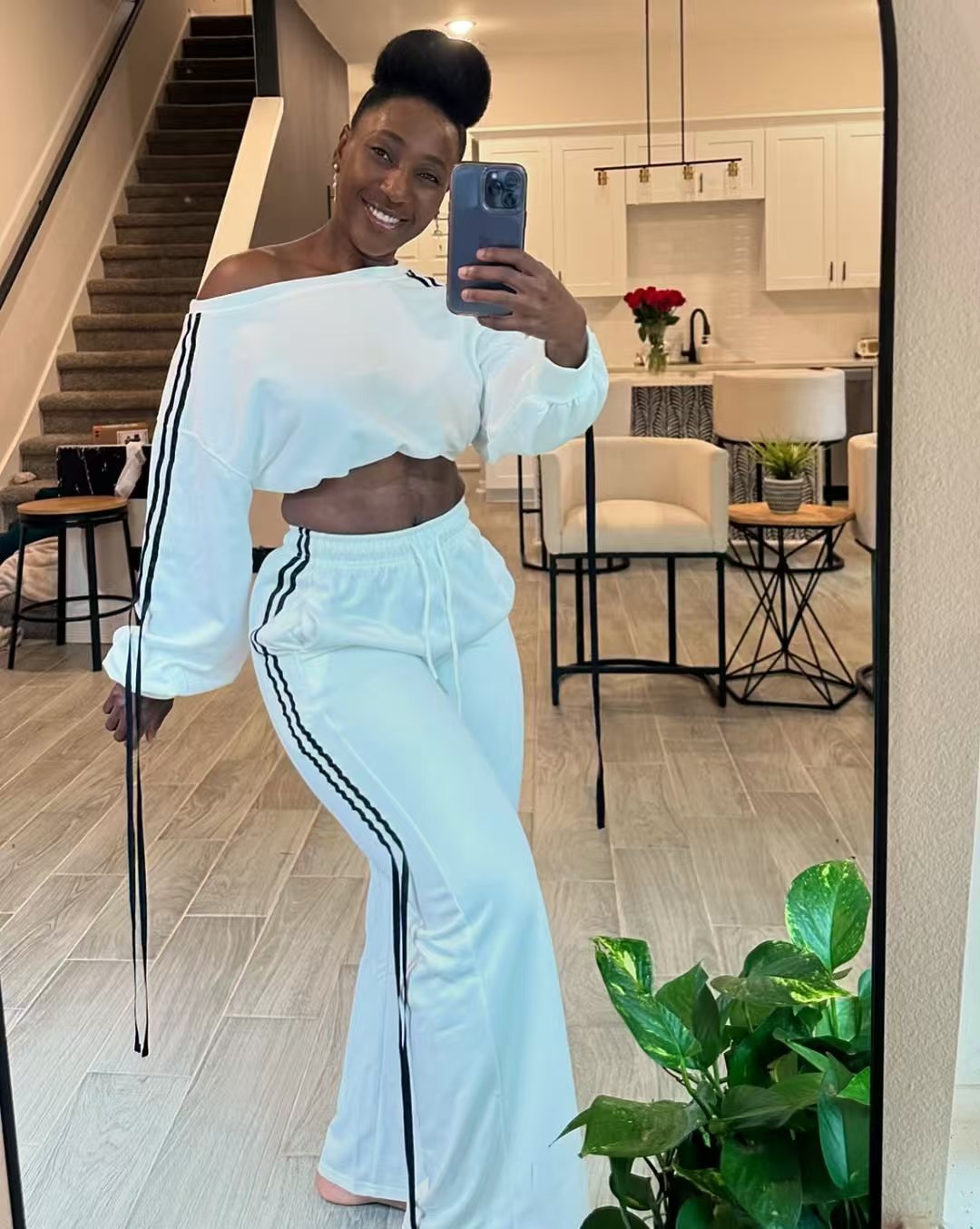 LADIES TWO PIECE OFF THE SHOULDER TOP & PANTS SET BLACK / WHITE (SIZE S - 2XL)