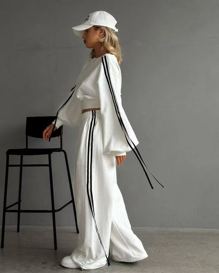 LADIES TWO PIECE OFF THE SHOULDER TOP & PANTS SET BLACK / WHITE (SIZE S - 2XL)