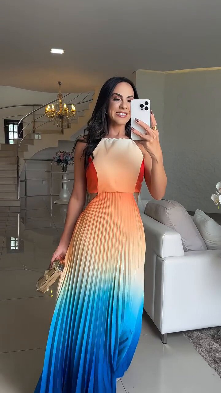 LADIES HALTERNECK LONG DRESS PEACH-BLUE MULTI COLOUR / BLUE / YELLOW-GREEN (SIZE S - 2XL)