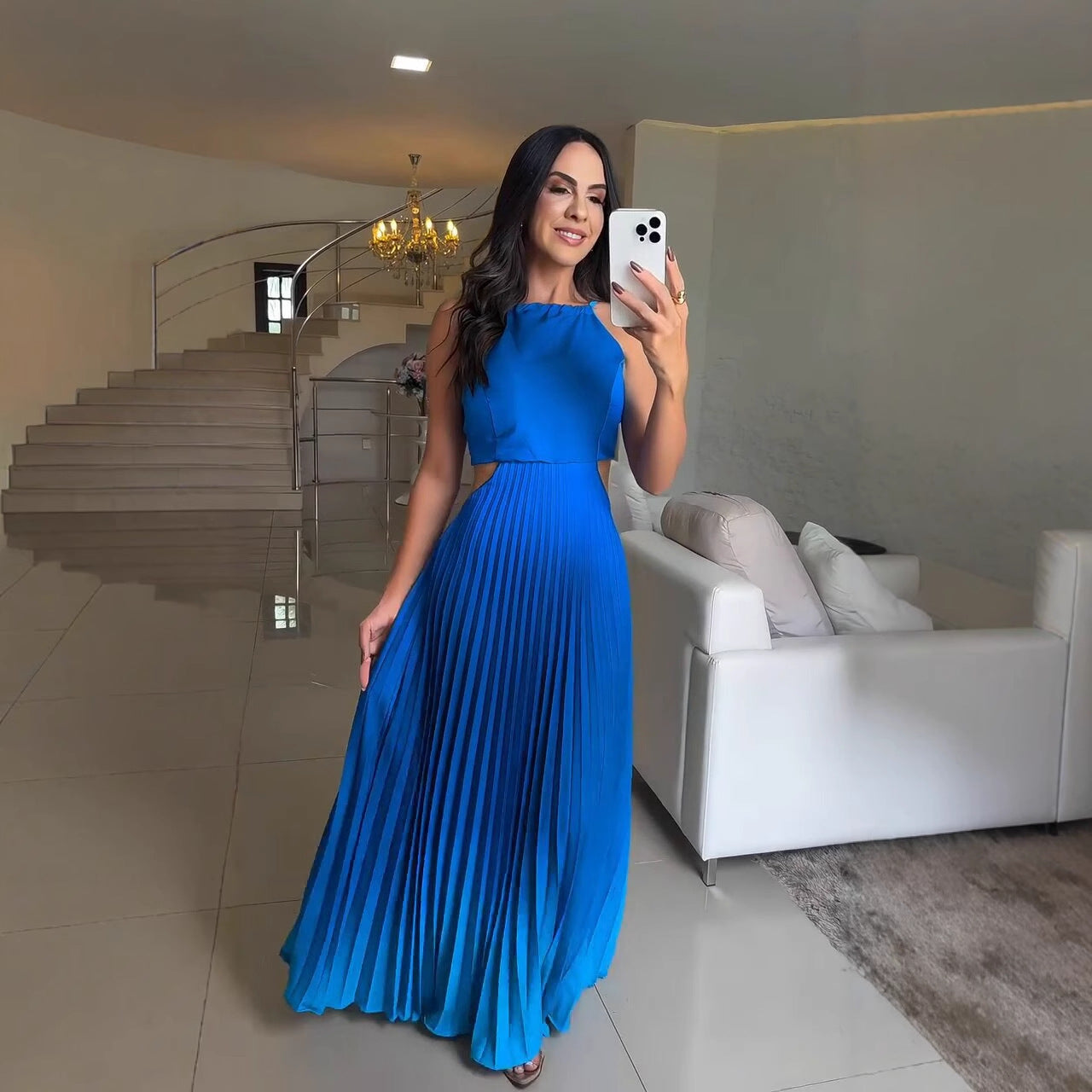 LADIES HALTERNECK LONG DRESS PEACH-BLUE MULTI COLOUR / BLUE / YELLOW-GREEN (SIZE S - 2XL)