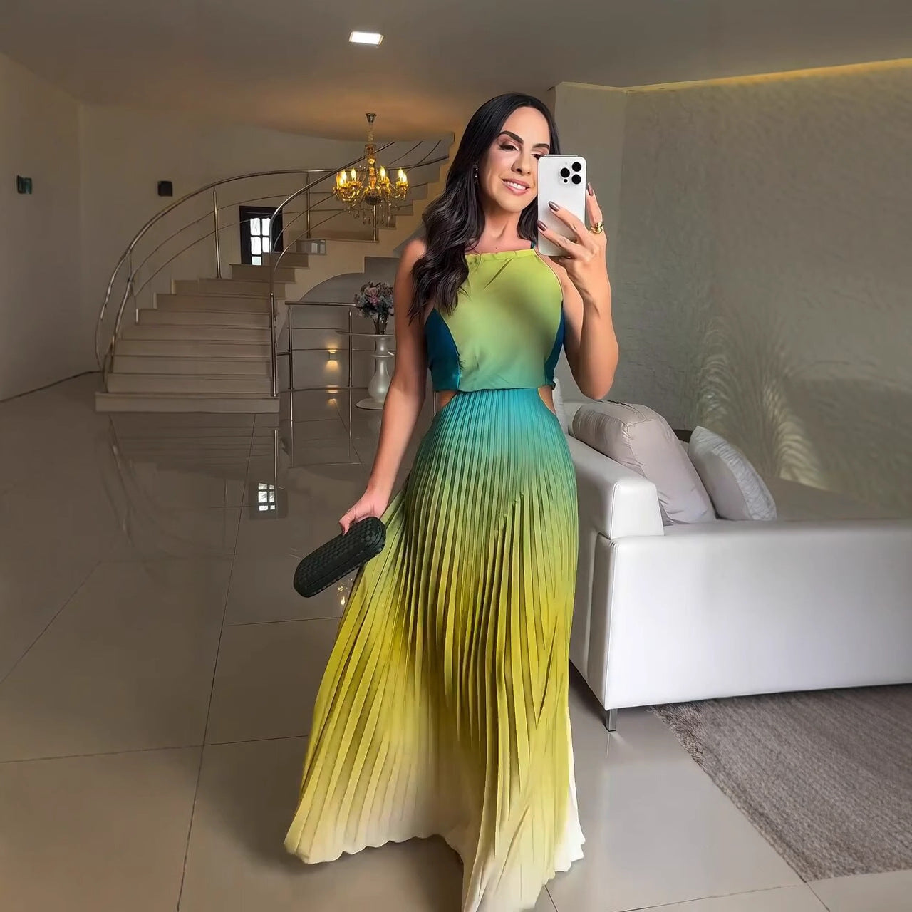 LADIES HALTERNECK LONG DRESS PEACH-BLUE MULTI COLOUR / BLUE / YELLOW-GREEN (SIZE S - 2XL)
