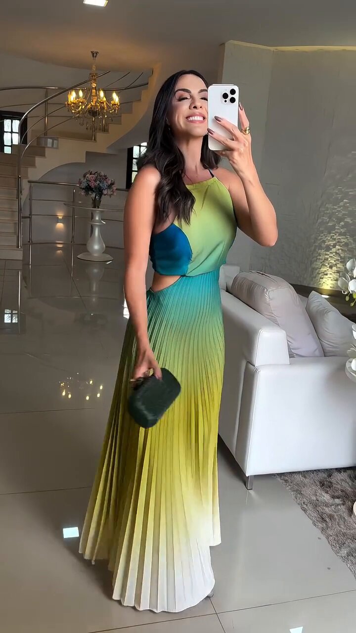 LADIES HALTERNECK LONG DRESS PEACH-BLUE MULTI COLOUR / BLUE / YELLOW-GREEN (SIZE S - 2XL)