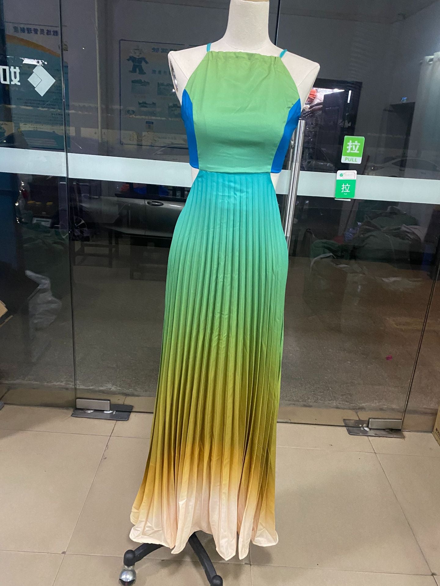 LADIES HALTERNECK LONG DRESS PEACH-BLUE MULTI COLOUR / BLUE / YELLOW-GREEN (SIZE S - 2XL)