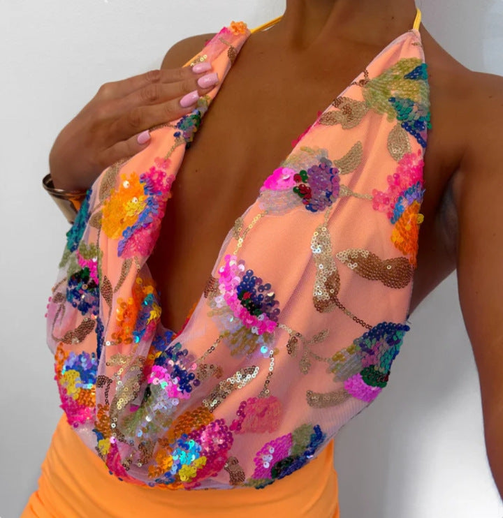 LADIES HALTERNECK MINI SKIRT SET ORANGE-MULTI (SIZE S - L)