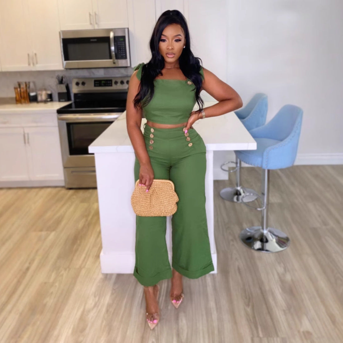 LADIES TWO PIECE TOP & WIDE LEG PANTS SET GREEN (SIZE S - 3XL)