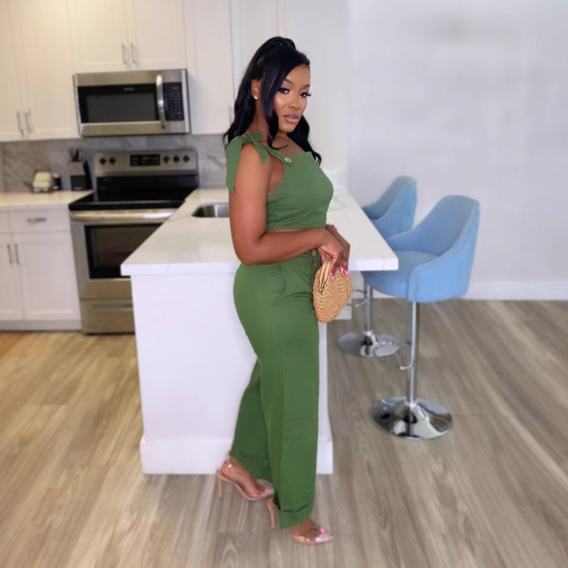 LADIES TWO PIECE TOP & WIDE LEG PANTS SET GREEN (SIZE S - 3XL)