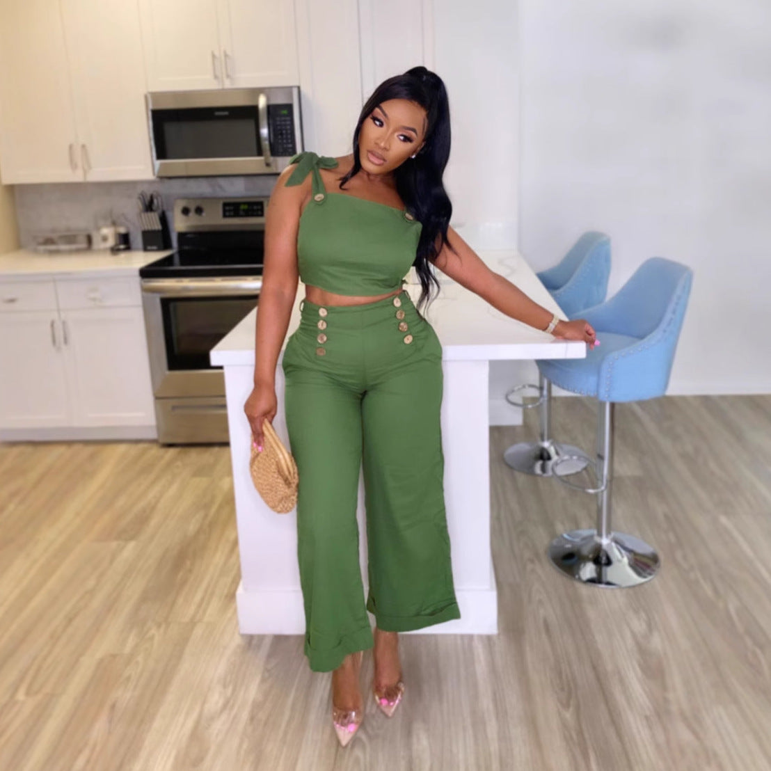 LADIES TWO PIECE TOP & WIDE LEG PANTS SET GREEN (SIZE S - 3XL)