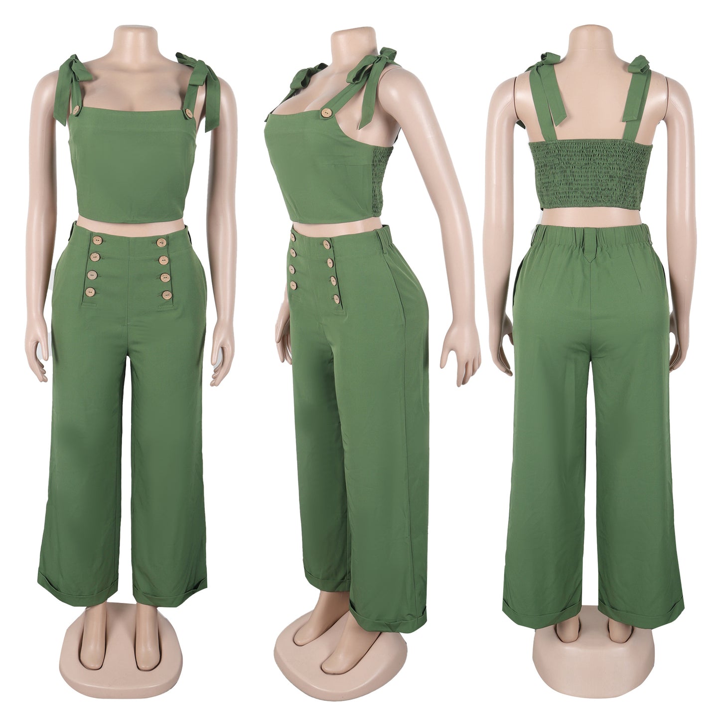 LADIES TWO PIECE TOP & WIDE LEG PANTS SET GREEN (SIZE S - 3XL)