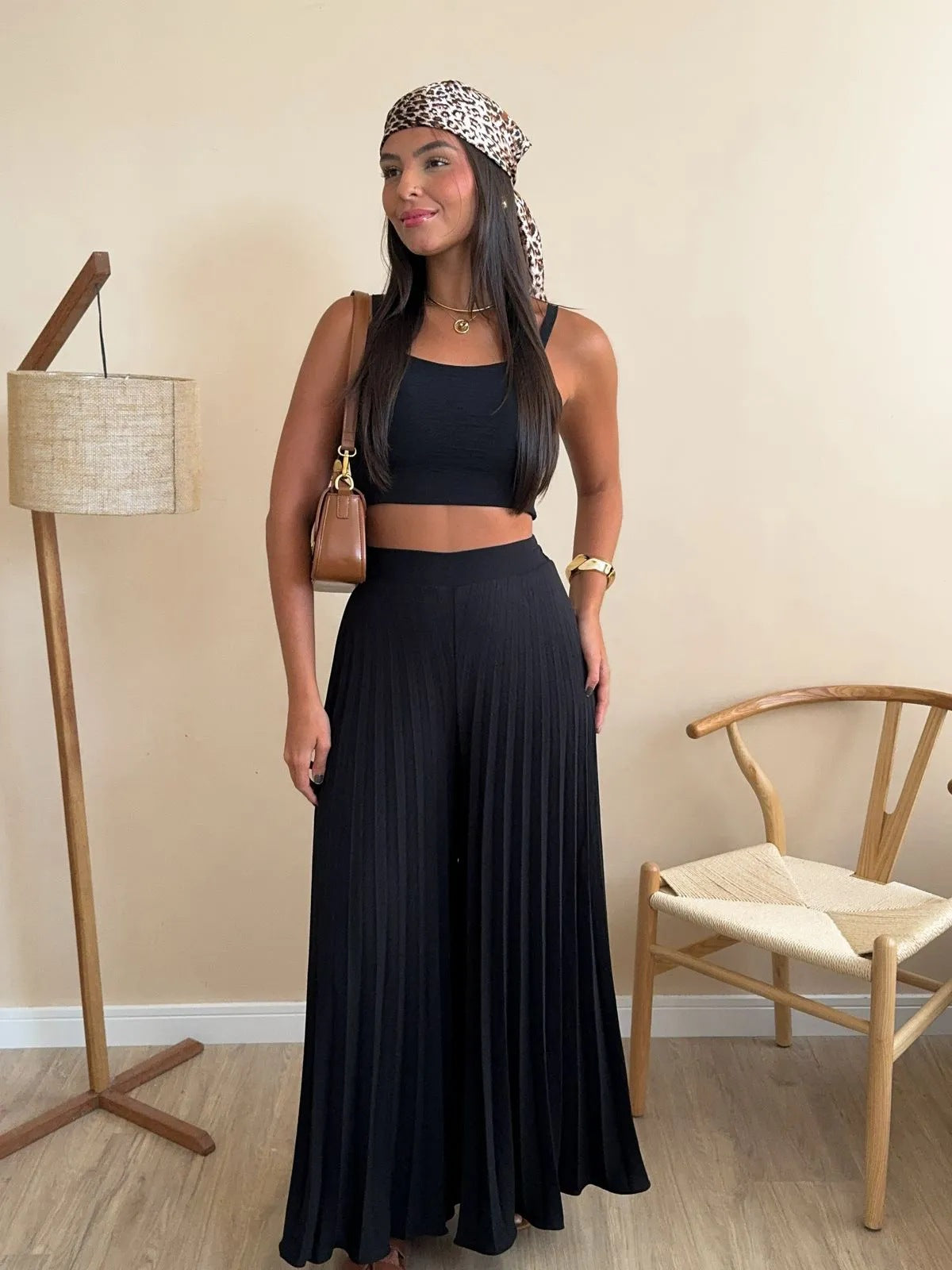 LADIES TWO PIECE TOP & WIDE LEG PANTS SET LIGHT GREEN OLIVE / BLACK / APRICOT-BEIGE / KHAKI / BLUE (SIZE S - 2XL)