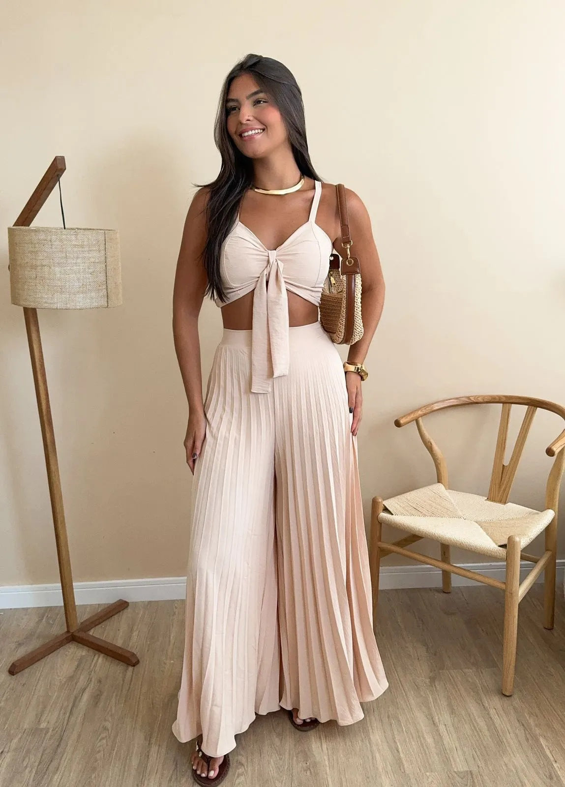 LADIES TWO PIECE TOP & WIDE LEG PANTS SET LIGHT GREEN OLIVE / BLACK / APRICOT-BEIGE / KHAKI / BLUE (SIZE S - 2XL)