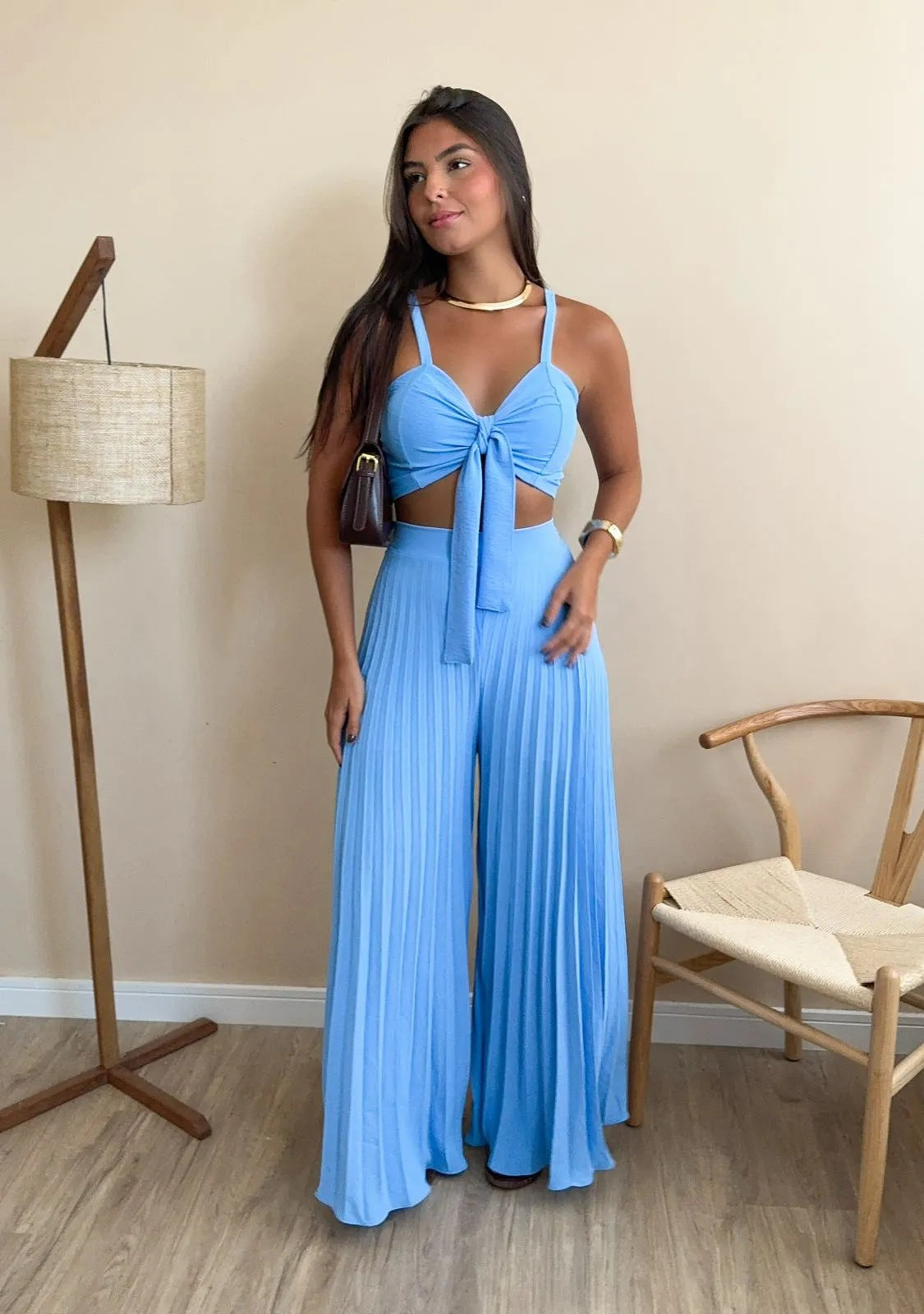 LADIES TWO PIECE TOP & WIDE LEG PANTS SET LIGHT GREEN OLIVE / BLACK / APRICOT-BEIGE / KHAKI / BLUE (SIZE S - 2XL)