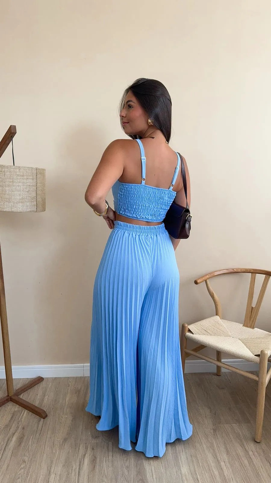 LADIES TWO PIECE TOP & WIDE LEG PANTS SET LIGHT GREEN OLIVE / BLACK / APRICOT-BEIGE / KHAKI / BLUE (SIZE S - 2XL)