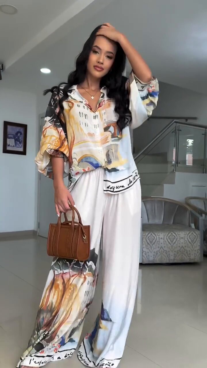 LADIES TWO PIECE BLOUSE & WIDE LEG PANTS SET WHITE-MULTI (SIZE M - 2XL)