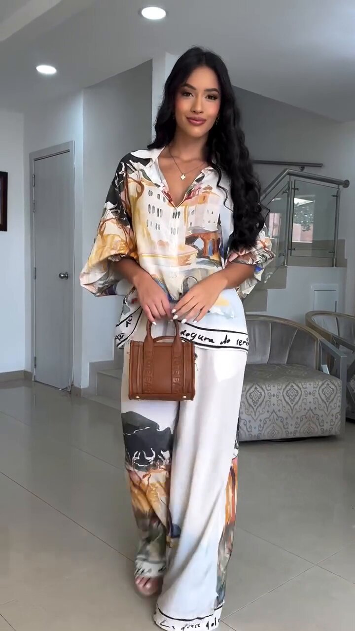 LADIES TWO PIECE BLOUSE & WIDE LEG PANTS SET WHITE-MULTI (SIZE M - 2XL)