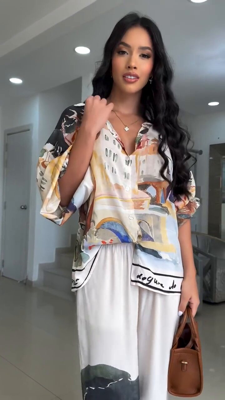 LADIES TWO PIECE BLOUSE & WIDE LEG PANTS SET WHITE-MULTI (SIZE M - 2XL)