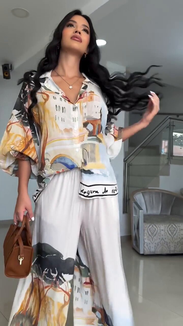 LADIES TWO PIECE BLOUSE & WIDE LEG PANTS SET WHITE-MULTI (SIZE M - 2XL)