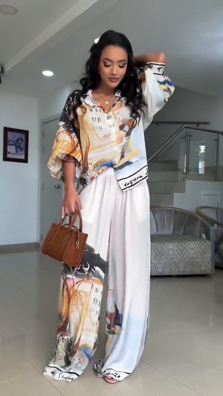 LADIES TWO PIECE BLOUSE & WIDE LEG PANTS SET WHITE-MULTI (SIZE M - 2XL)
