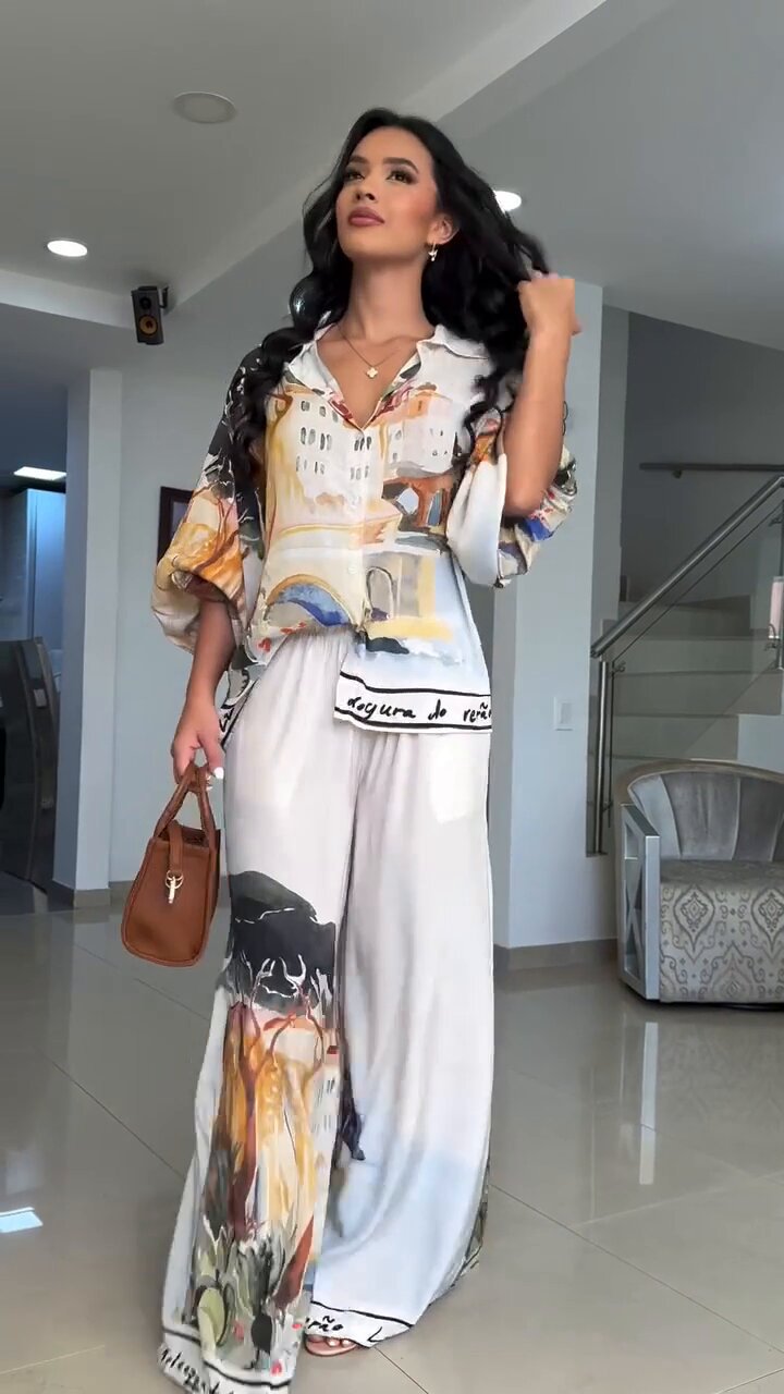 LADIES TWO PIECE BLOUSE & WIDE LEG PANTS SET WHITE-MULTI (SIZE M - 2XL)