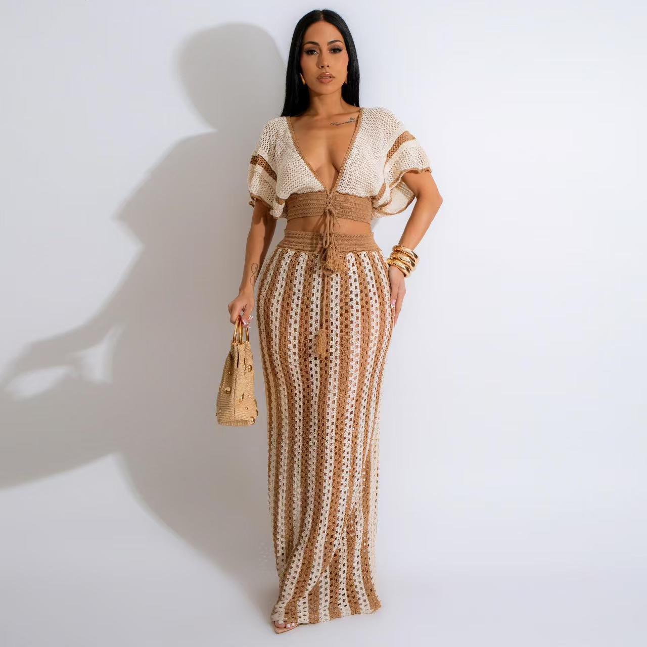 LADIES TWO PIECE TOP & SKIRT SET KHAKI-BEIGE / BLACK / PINK (FREE SIZE)