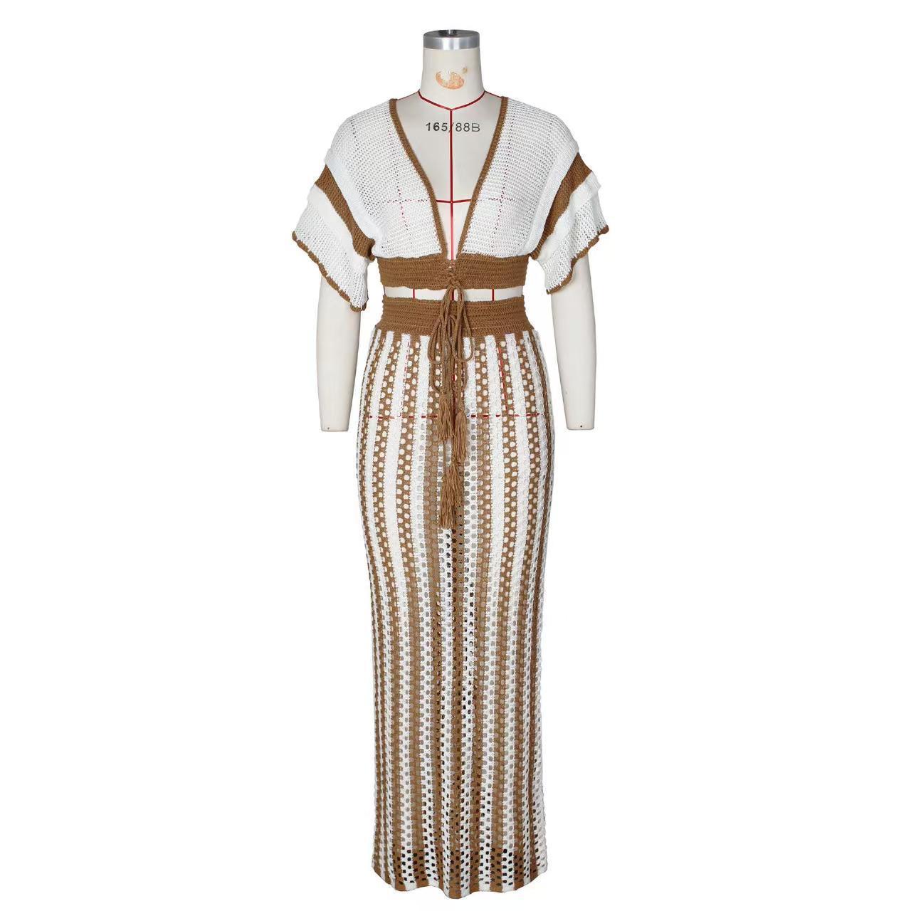 LADIES TWO PIECE TOP & SKIRT SET KHAKI-BEIGE / BLACK / PINK (FREE SIZE)