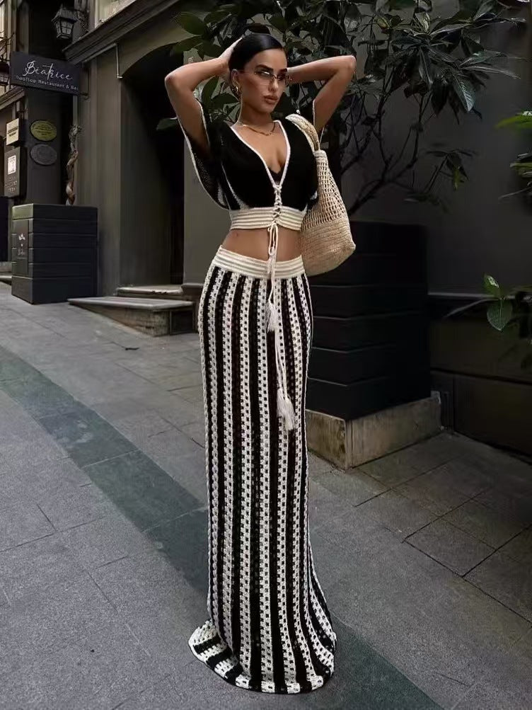 LADIES TWO PIECE TOP & SKIRT SET KHAKI-BEIGE / BLACK / PINK (FREE SIZE)