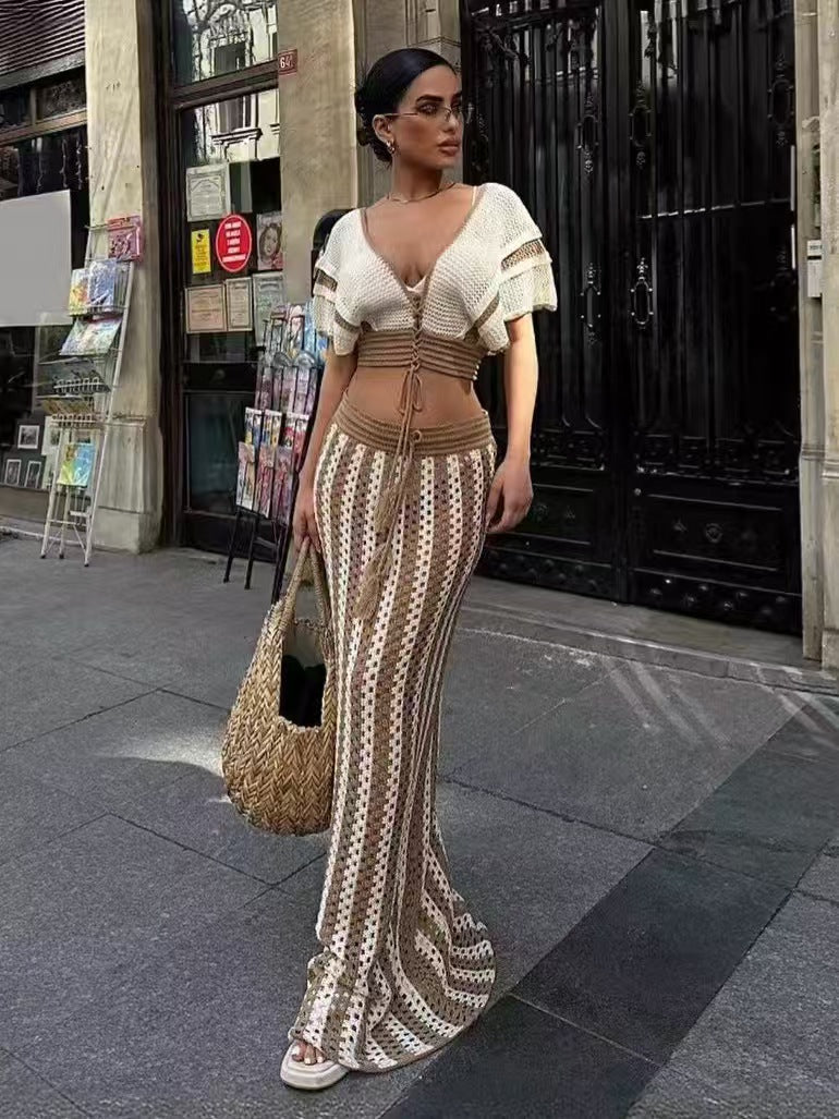 LADIES TWO PIECE TOP & SKIRT SET KHAKI-BEIGE / BLACK / PINK (FREE SIZE)