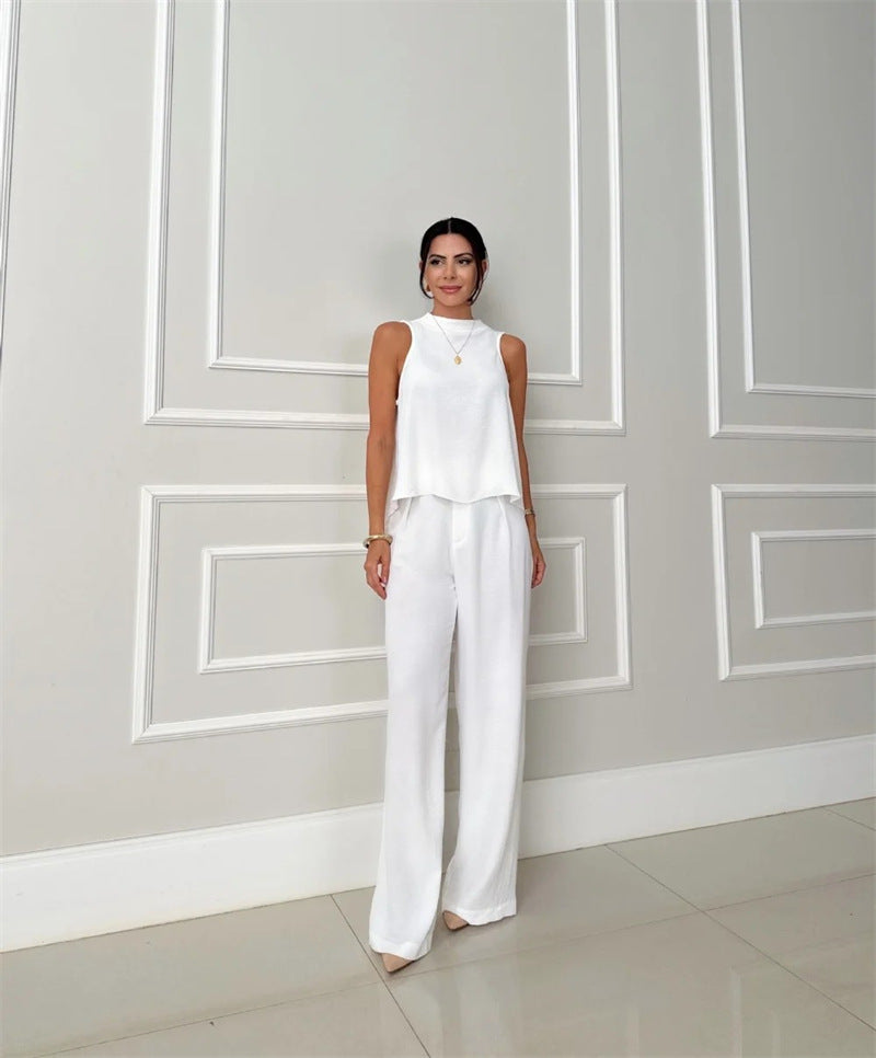 LADIES TWO PIECE SLEEVELESS TOP & PANTS SET APRICOT-BEIGE / WHITE (SIZE S - 2XL)