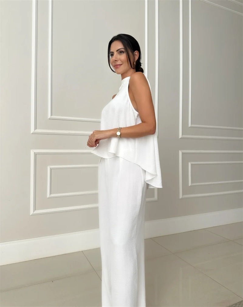 LADIES TWO PIECE SLEEVELESS TOP & PANTS SET APRICOT-BEIGE / WHITE (SIZE S - 2XL)