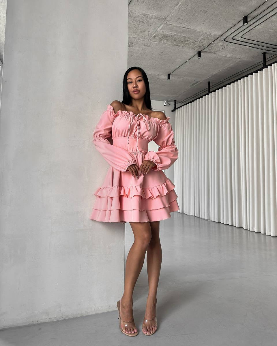 LADIES OFF THE SHOULDER MINI DRESS PINK / LIGHT BLUE (SIZE M - XL)