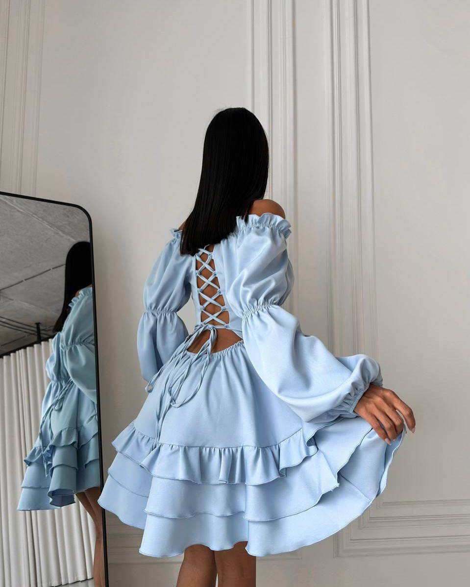 LADIES OFF THE SHOULDER MINI DRESS PINK / LIGHT BLUE (SIZE M - XL)