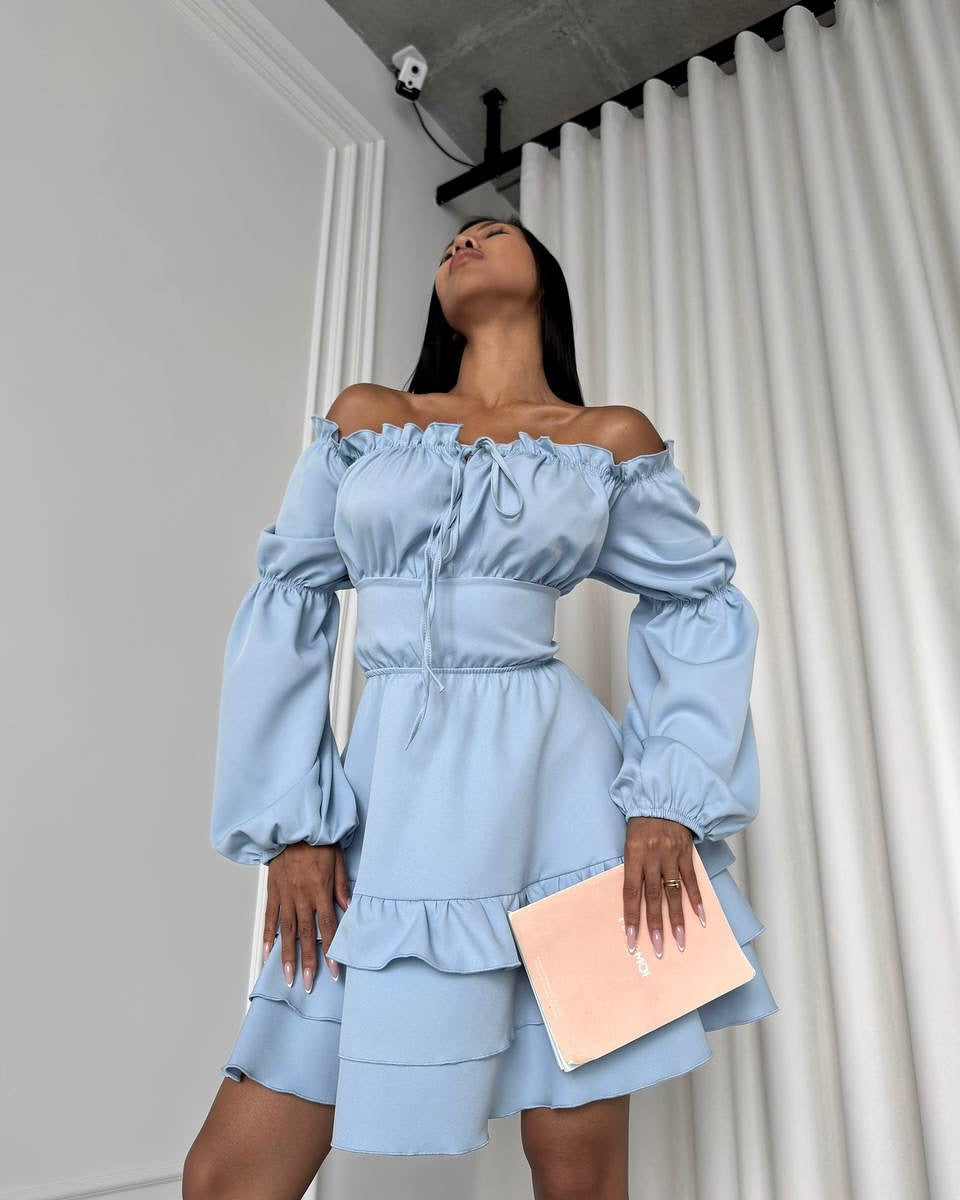 LADIES OFF THE SHOULDER MINI DRESS PINK / LIGHT BLUE (SIZE M - XL)