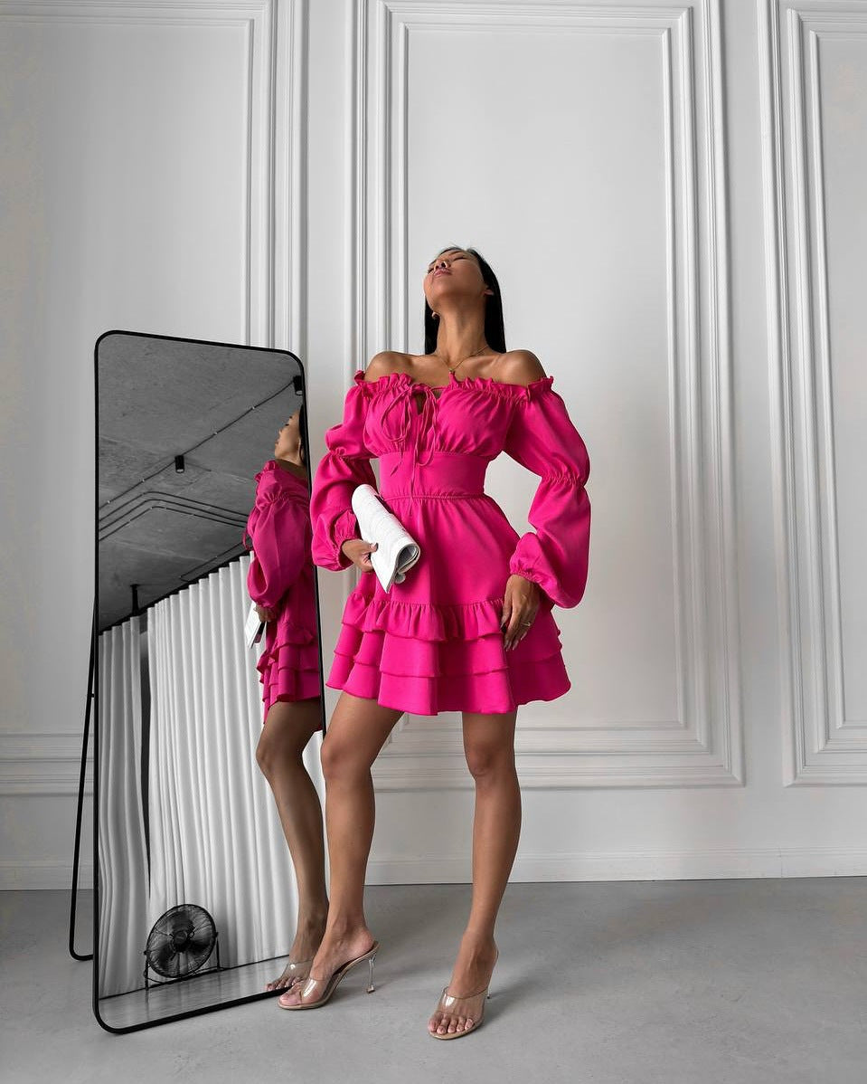 LADIES OFF THE SHOULDER MINI DRESS DARK PINK (SIZE M - XL)