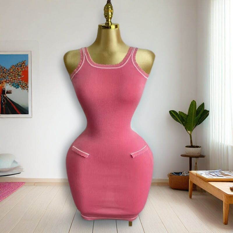 LADIES SLEEVELESS MINI DRESS WHITE / PINK (FREE SIZE)