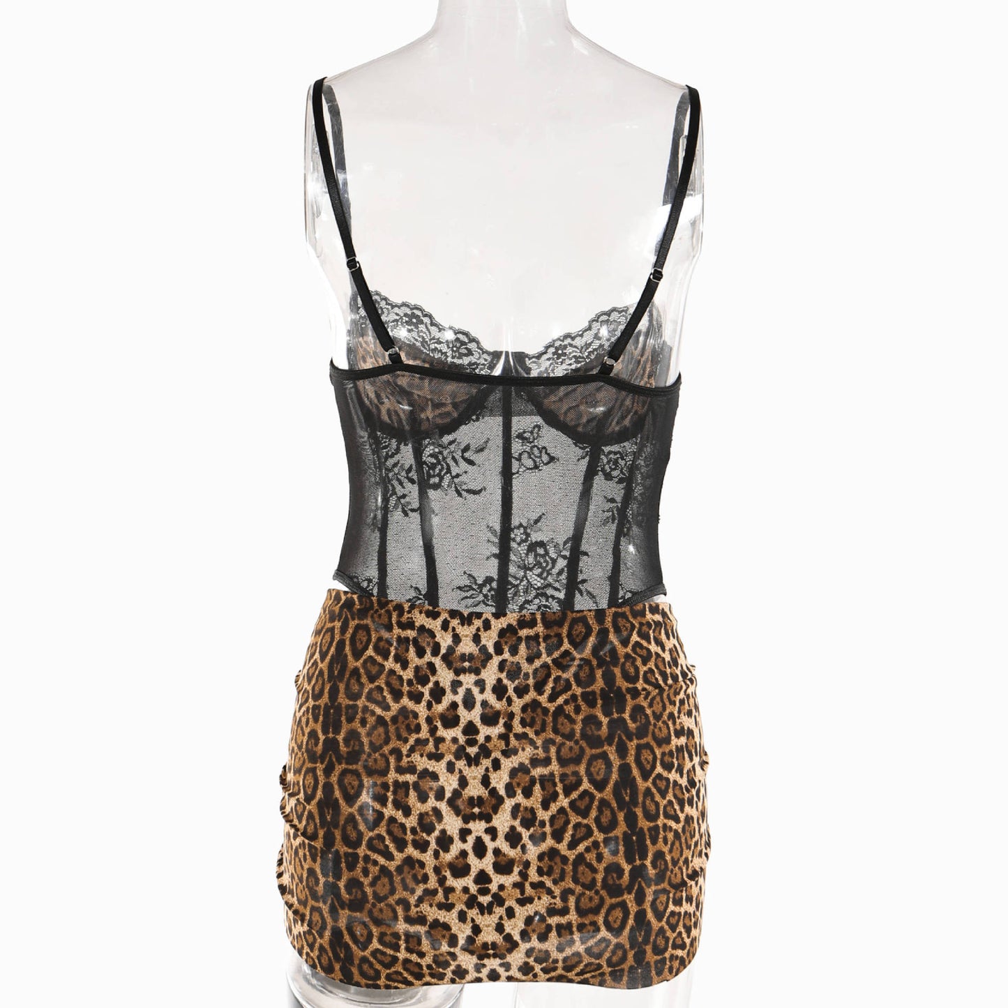 LADIES INTIMATE LEOPARD & LACE BODYSUIT & SKIRT SET BLACK-LEOPARD (SIZE S - L)