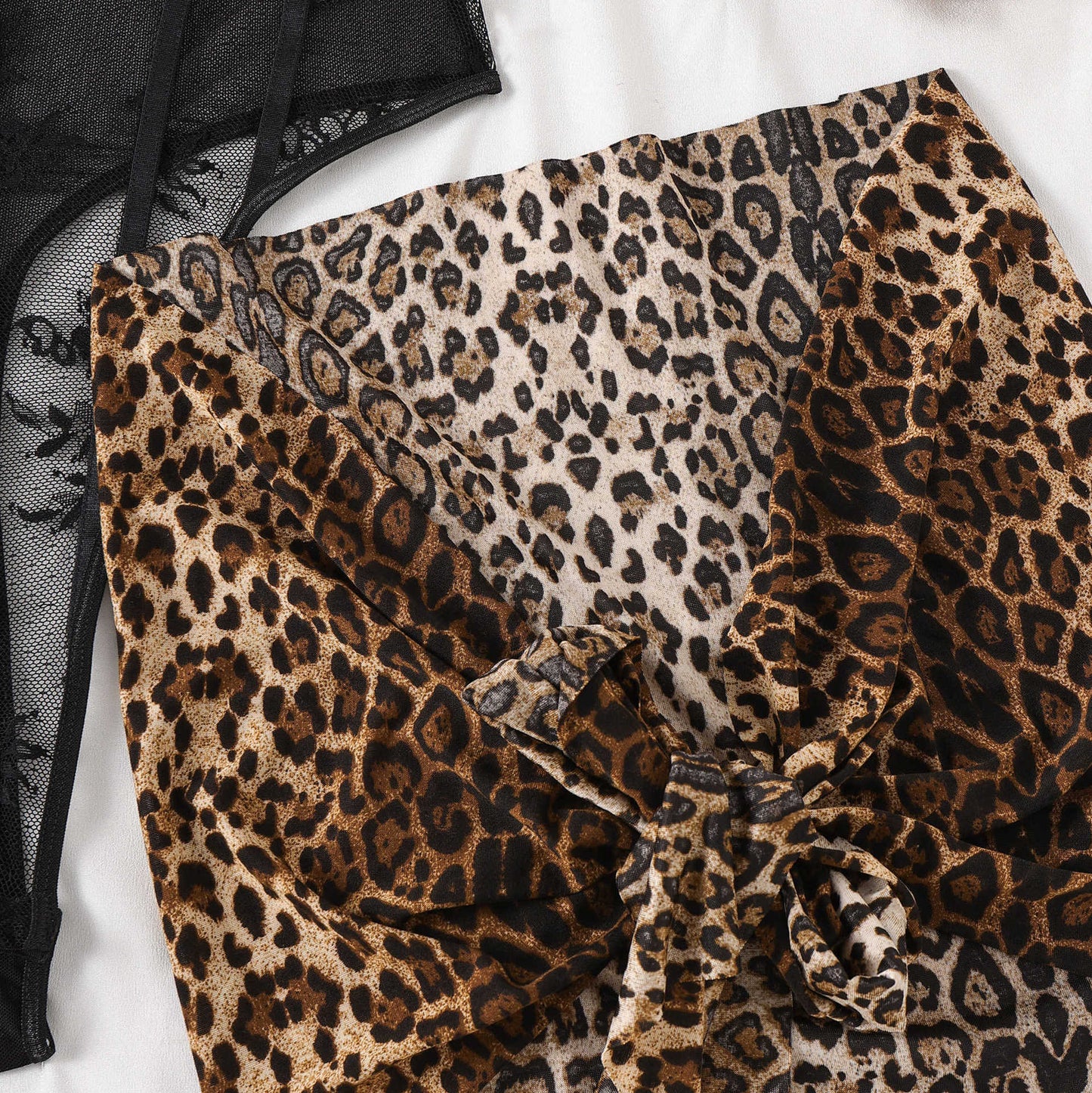 LADIES INTIMATE LEOPARD & LACE BODYSUIT & SKIRT SET BLACK-LEOPARD (SIZE S - L)