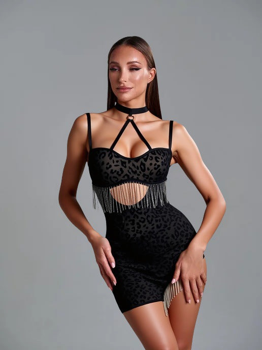 LADIES INTIMATE LEOPARD PRINT LINGERIE DRESS BLACK (SIZE S - L)