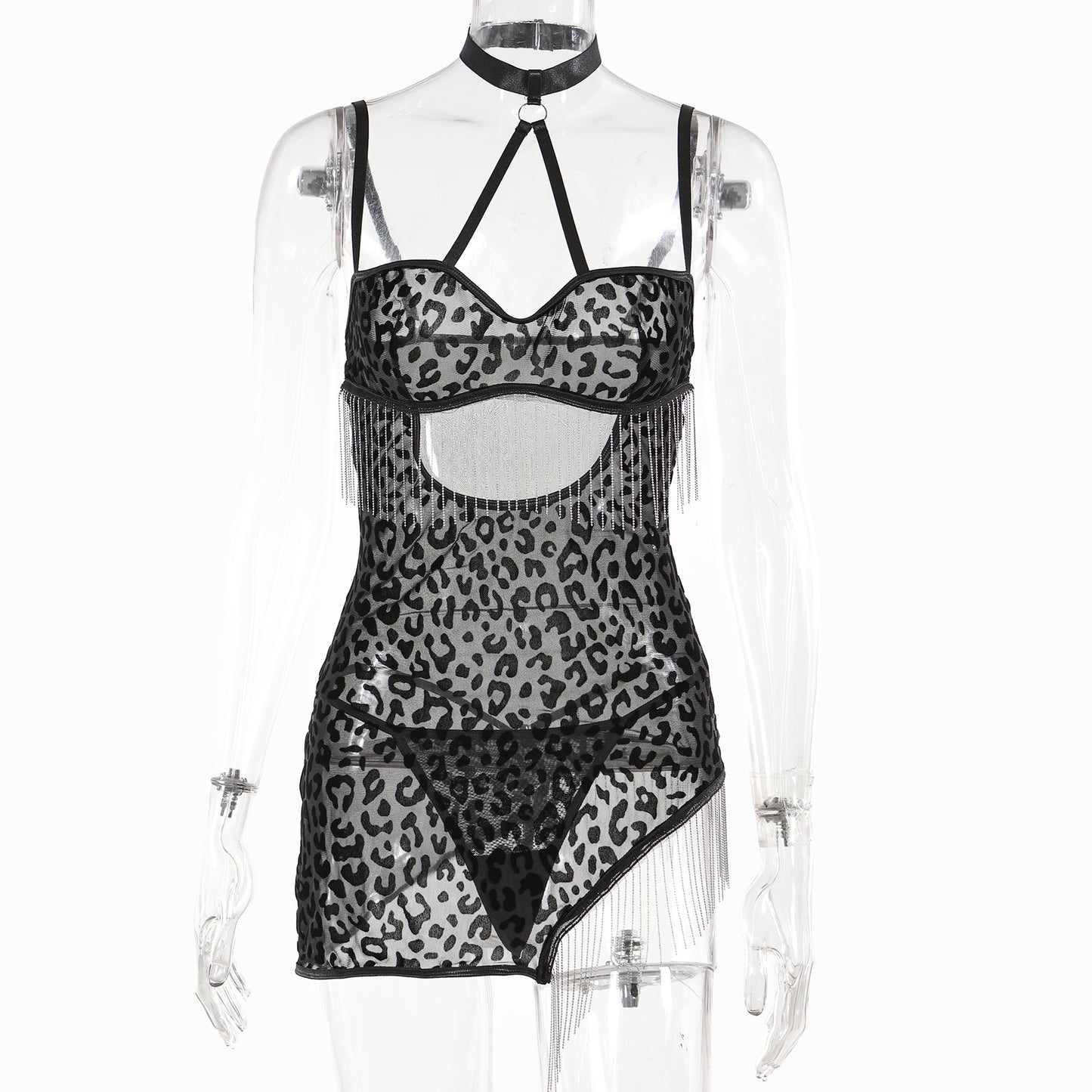LADIES INTIMATE LEOPARD PRINT LINGERIE DRESS BLACK (SIZE S - L)