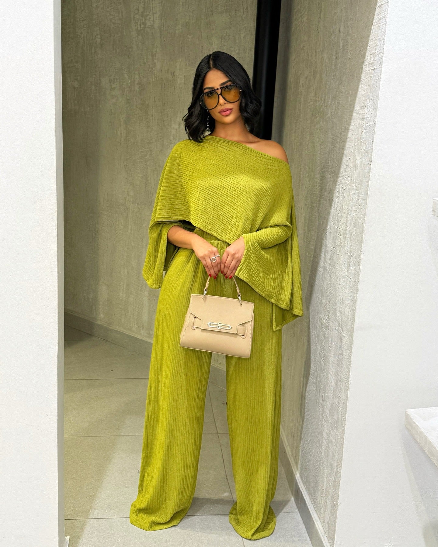 LADIES TWO PIECE OFF THE SHOULDER TOP & PANTS SET LIME GREEN / APRICOT-BEIGE / YELLOW (SIZE S - 2XL)