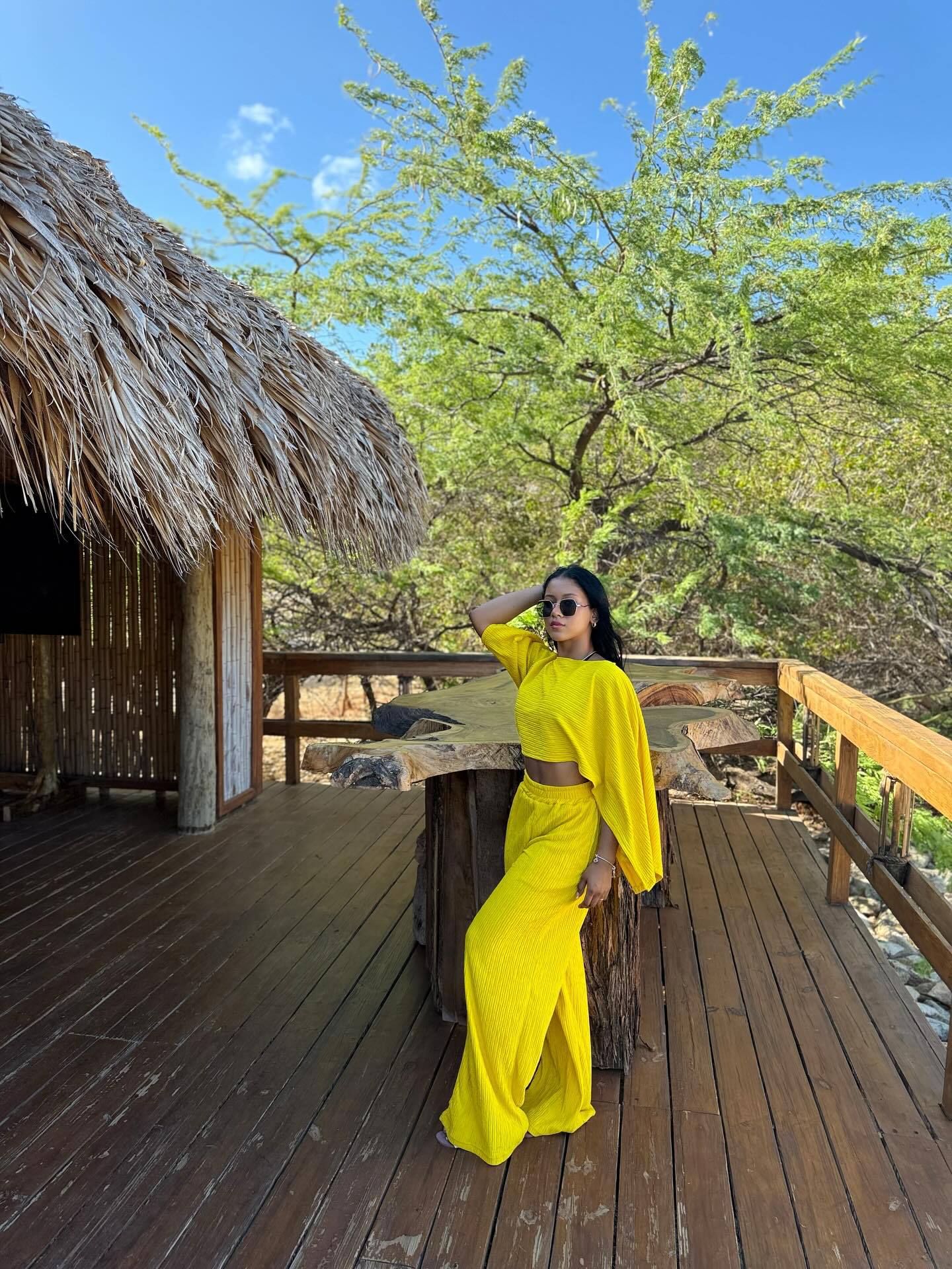 LADIES TWO PIECE OFF THE SHOULDER TOP & PANTS SET LIME GREEN / APRICOT-BEIGE / YELLOW (SIZE S - 2XL)