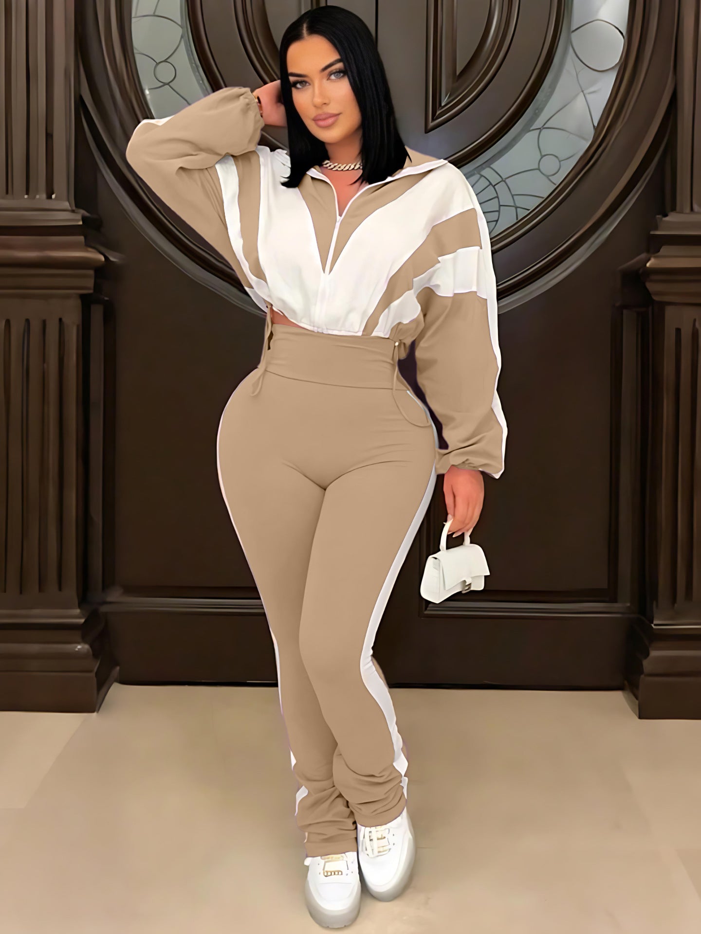 LADIES TWO PIECE LONG SLEEVE TOP & PANTS SET LIGHT PURPLE / BLACK / APRICOT-BEIGE / DARK PINK / LIGHT GREEN / LIGHT PINK (SIZE S - 2XL)