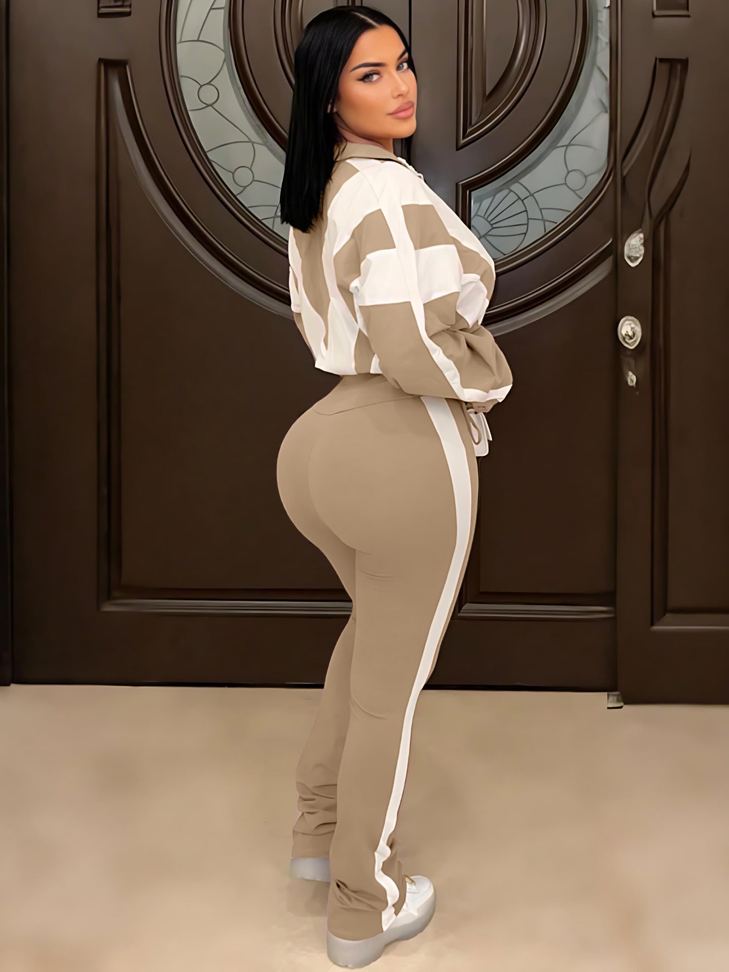 LADIES TWO PIECE LONG SLEEVE TOP & PANTS SET LIGHT PURPLE / BLACK / APRICOT-BEIGE / DARK PINK / LIGHT GREEN / LIGHT PINK (SIZE S - 2XL)