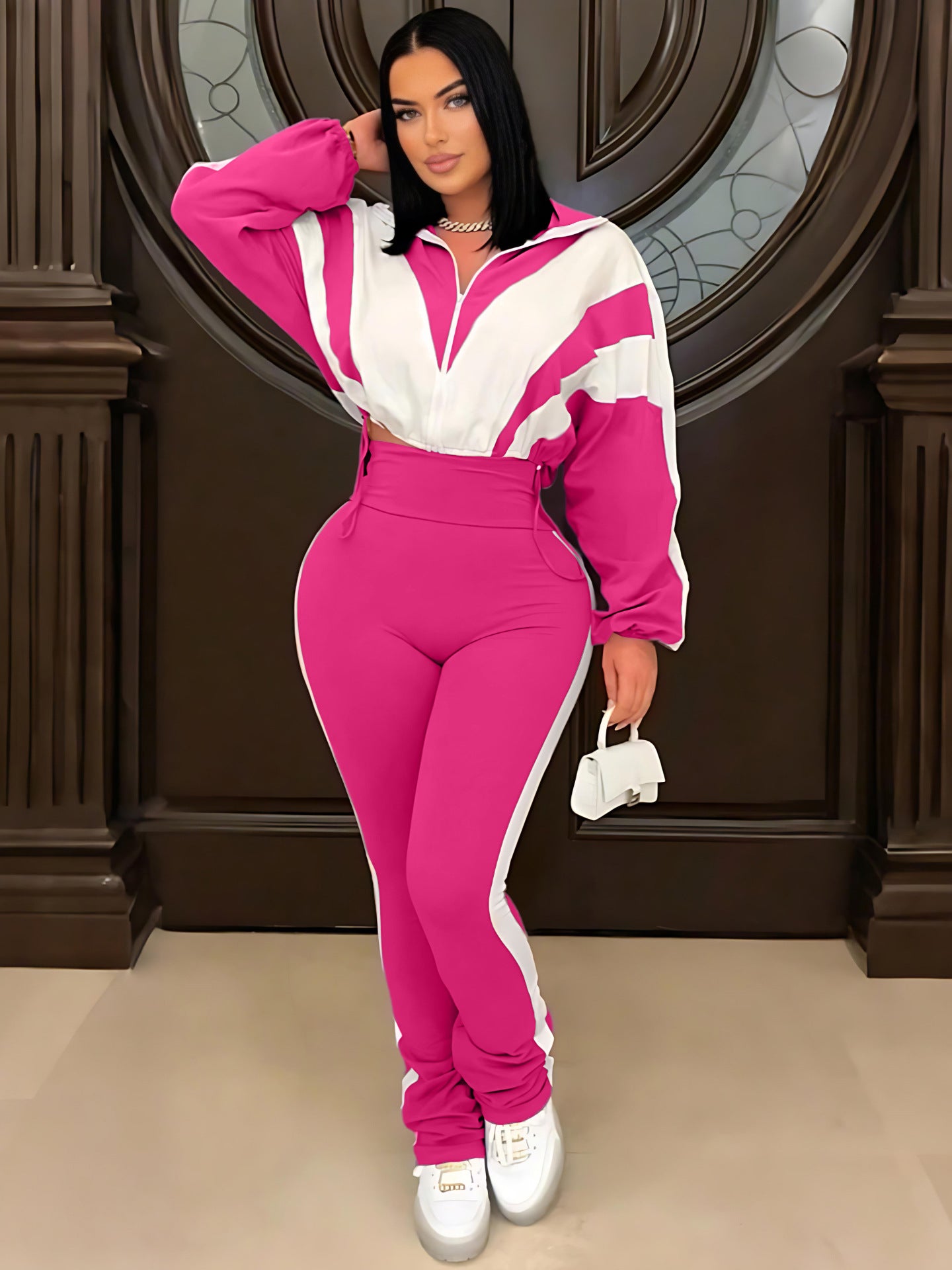 LADIES TWO PIECE LONG SLEEVE TOP & PANTS SET LIGHT PURPLE / BLACK / APRICOT-BEIGE / DARK PINK / LIGHT GREEN / LIGHT PINK (SIZE S - 2XL)