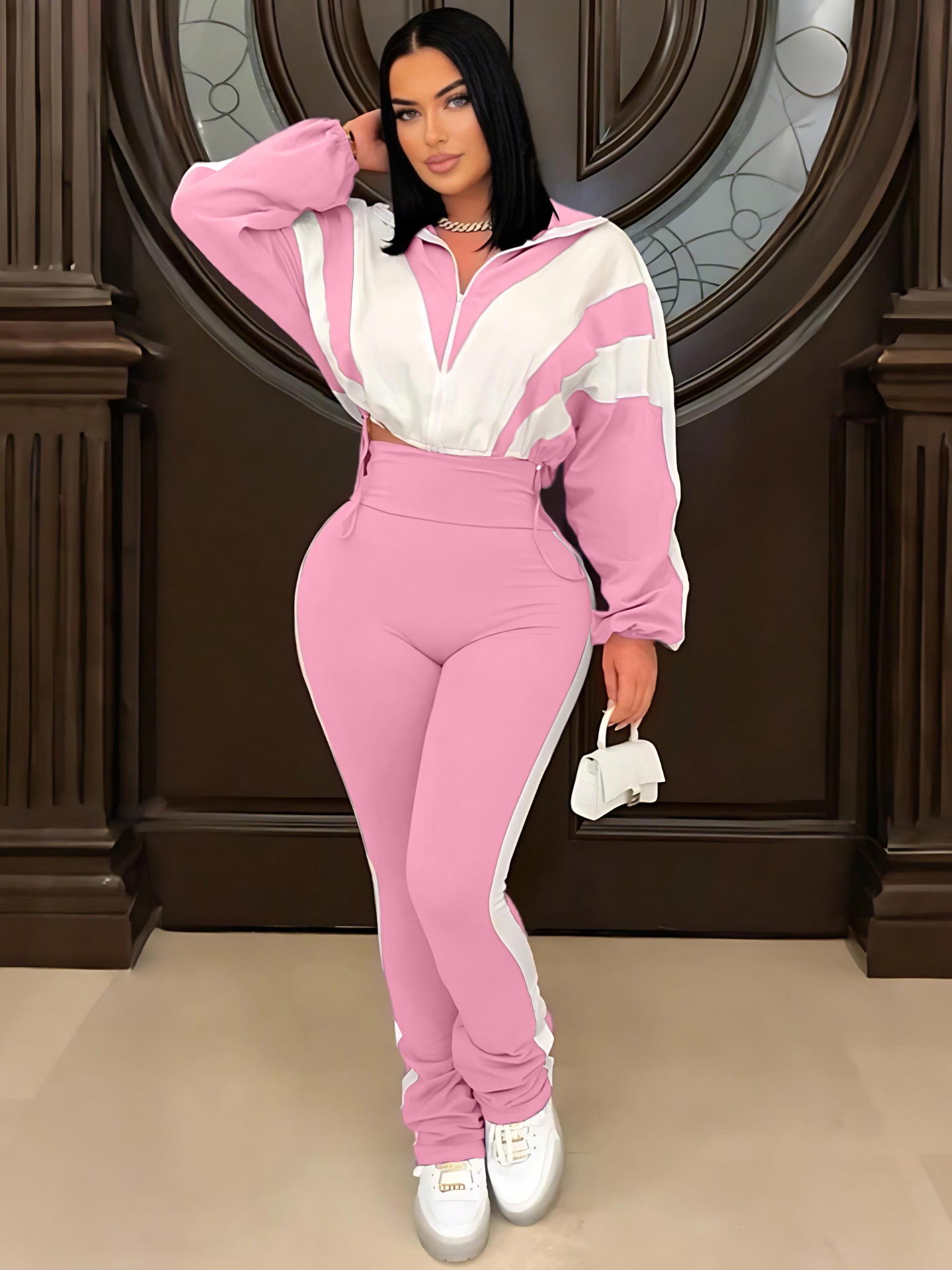 LADIES TWO PIECE LONG SLEEVE TOP & PANTS SET LIGHT PURPLE / BLACK / APRICOT-BEIGE / DARK PINK / LIGHT GREEN / LIGHT PINK (SIZE S - 2XL)